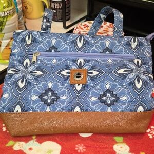 Elegant Blue Floral Mini Bag with Brown Accents